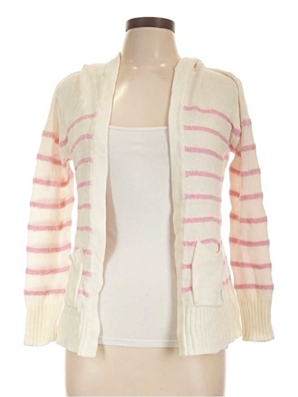 U.S. Polo Assn. Cream Hooded Cardigan with Pink Stripes